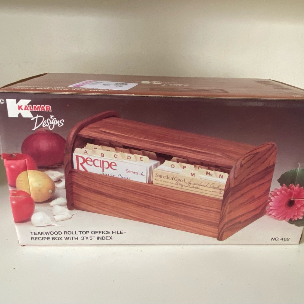 Vintage KALMAR Teak‎ Wood Roll Top Recipe Box - 11.25" x 6" NIB Rustic Kitchen